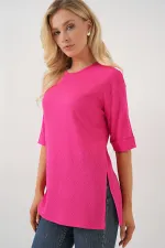 4332 Yanı Yırtmaçlı Örme Tişört - Fuşya