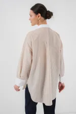 Kadın Uzun Çizgili Gömlek 5962 - Bej