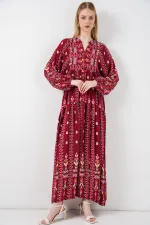 Kadın Desenli Uzun Tesettür Elbise 2585 - K. Kırmızı