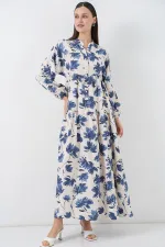 Kadın Lilyum Kumaş Uzun Tesettür Elbise 2593 - İndigo