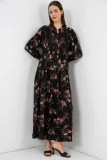 Kadın Desenli Uzun Tesettür Elbise 2585 - B. Siyah