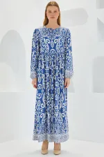 Kadın İndigo Ekru Desenli Uzun Viskon Elbise 1947