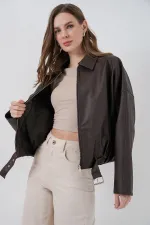 Kadın Kemer Detaylı Deri Ceket 1056 - Kahverengi