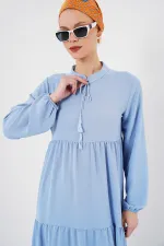 1627 Yaka Bağcıklı Tesettür Elbise - Koyu Mavi