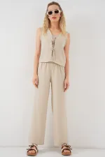 Kadın Keten Görünümlü Sıfır Kol İkili Takım 6746 - Bej