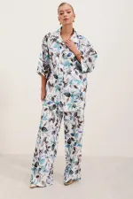 6607 Patterned Linen Two-Piece Set - Blue