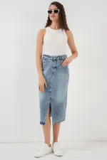 Kadın Yırtmaçlı Midi Kot Etek 8038 - Mavi