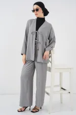 Kadın Keten Kimono İkili Takım 6727 - Gri