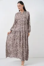 Kadın Desenli Uzun Tesettür Elbise 2585 - E. Kahve