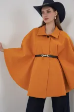 Kadın Kemerli Kaşe Panço 9170 - Hardal