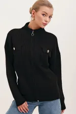 15862 Cardigan en tricot zippé avec poches détaillées - Noir