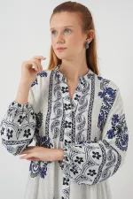 Kadın Desenli Uzun Tesettür Elbise 2585 - F.Lacivert