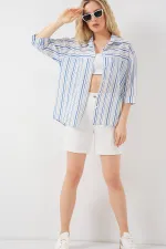 Chemise rayée à manches courtes pour femme 20344 - Bleue