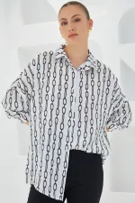 Women's Black and White Patterned Oversize Satin Shirt 3985
