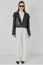Kadın Oversize Deri Mont Ceket 1047 - Siyah