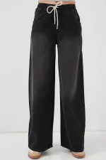 Kadın Bol Paça Kot Pantolon 6705 - Siyah