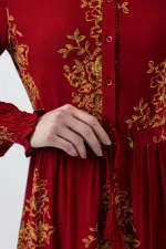 2145 Desenli Tesettür Elbise - B.Kırmızı