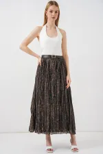 Kadın Kemerli Desenli Etek 8074 - Füme
