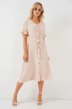 Women's Short Sleeve Buttoned Dress 2555 - Cream
