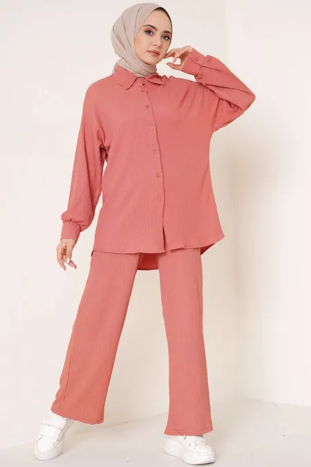 Ensemble hijab tricoté deux pièces T5858 - Rose