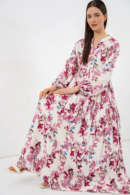 Kadın Desenli Uzun Tesettür Elbise 2585 - M. Kırmızı