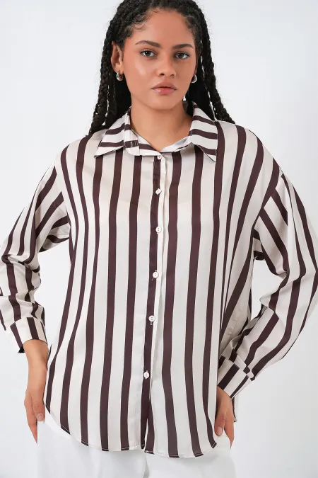 3964 Hafif Dökümlü Saten Gömlek - M. Kahverengi