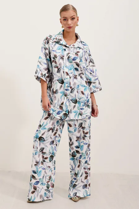 Ensemble deux pièces en lin à motifs 6607 - Bleu