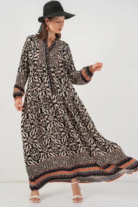 Women's Patterned Long Hijab Dress 2585 - C.Black