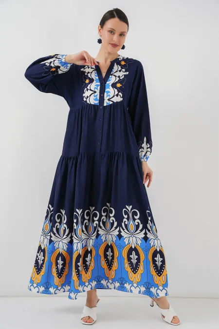 2423 Authentic Patterned Hijab Dress - Navy Blue 4