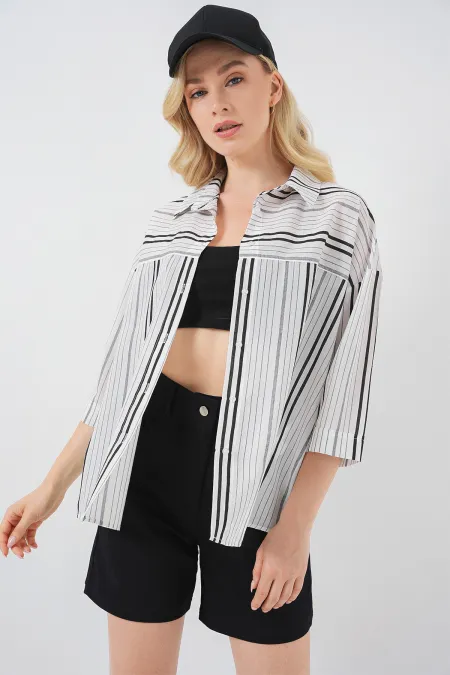 Chemise rayée à manches courtes pour femme 20344 - Noir - Pierre