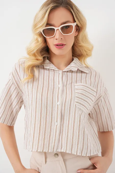 Women's Striped Crop Shirt 20342 - Beige