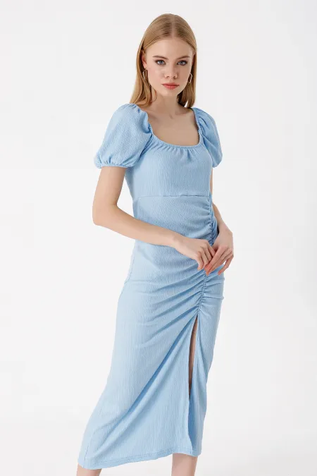 2396 Slit Summer Knitted Dress - Blue