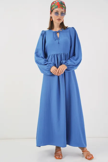 Robe longue hijab à manches ballon pour femme 2464 - Indigo