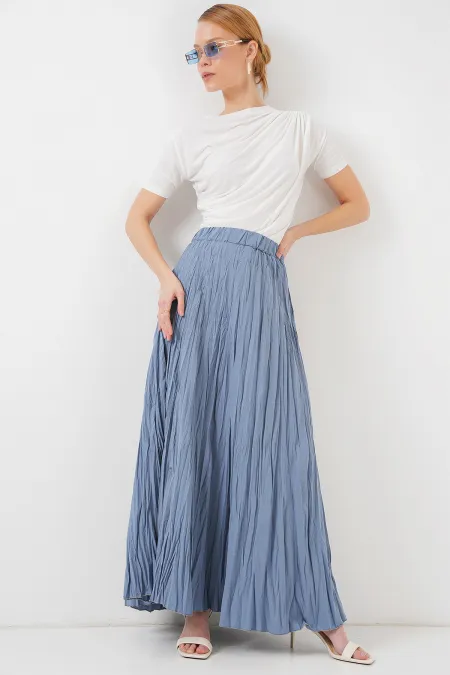 Kadın Uzun Kırışık Etek 8042 - İndigo