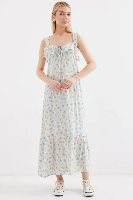 2237 Desenli Askılı Viskon Elbise - Mavi