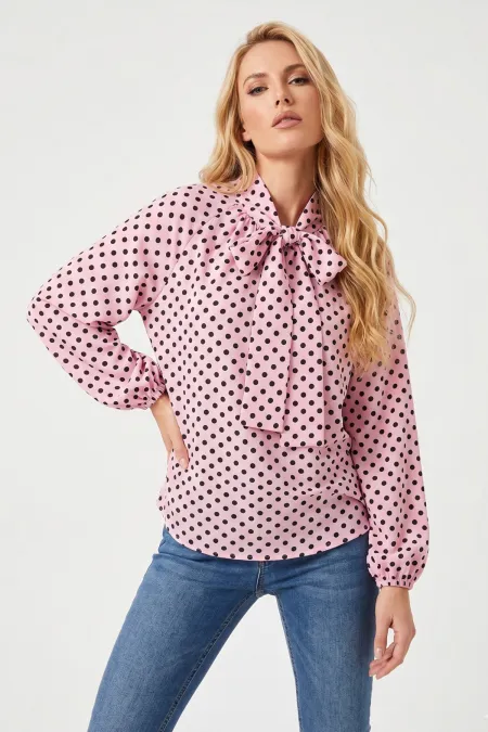 Women's Polka Dot Scarf Collar Blouse 40007 - Pink
