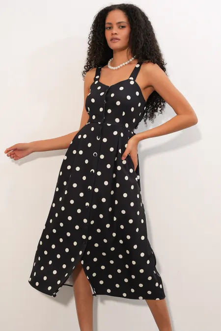 Women's Polka Dot Button-Front Strappy Midi Dress 2603 - Black Women's Polka Dot Button-Front Strappy Midi Dress 2603 - Black