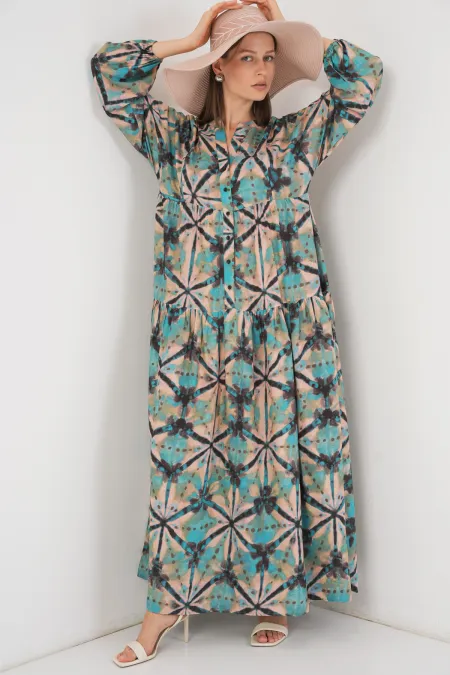 Women's Patterned Long Hijab Dress 2585 - D. Mint