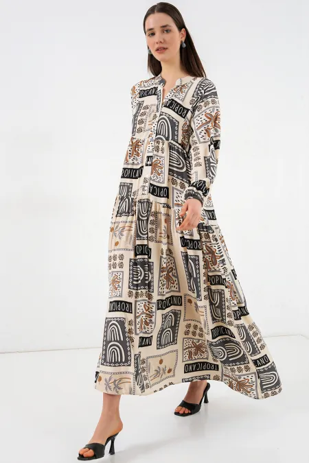 Women's Patterned Long Hijab Dress 2585 - Dark Beige