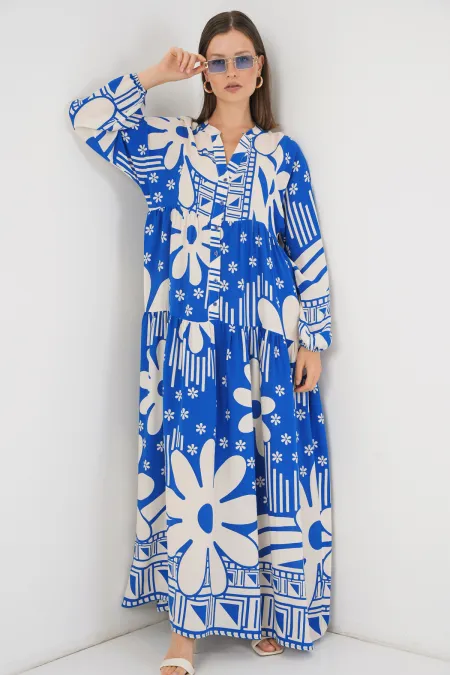 Robe longue hijab à motifs pour femme 2585 - Bleu