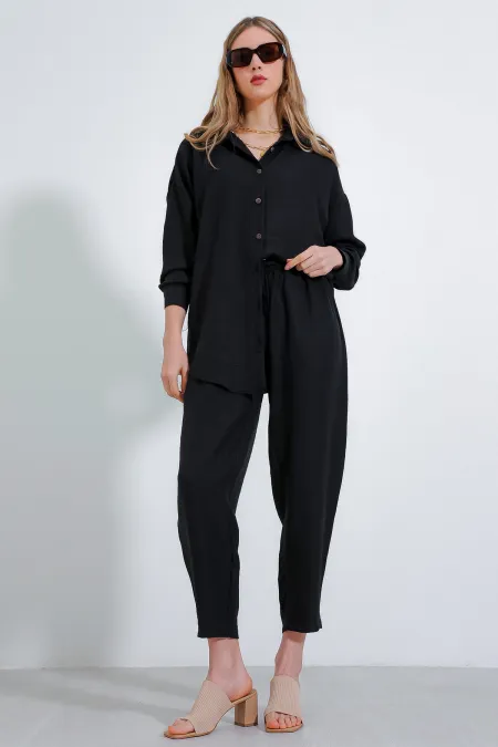 Women's Black Oversize Linen Bottom Top Set 6622