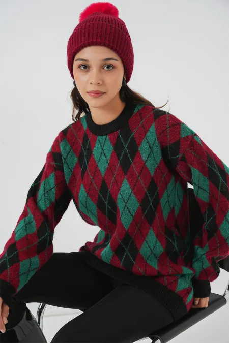 Kadın Baklava Desenli Triko Kazak 15929 - Bordo