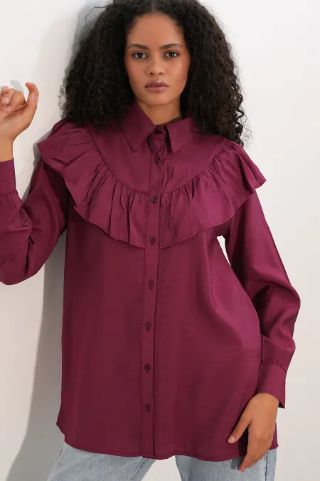Women's Ruffle Detail Shirt Tunic 5994 - Burgundy Women's Ruffle Detail Shirt Tunic 5994 - Burgundy