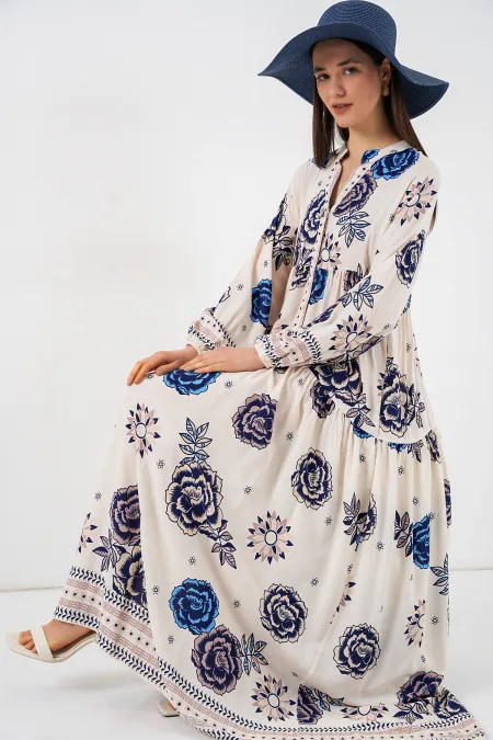 Women's Patterned Long Hijab Dress 2585 - Dark Navy