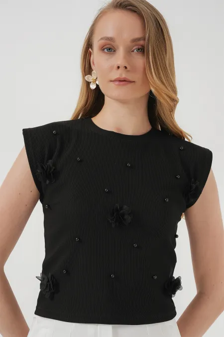 929 Short Sleeve Knitted Blouse - Black