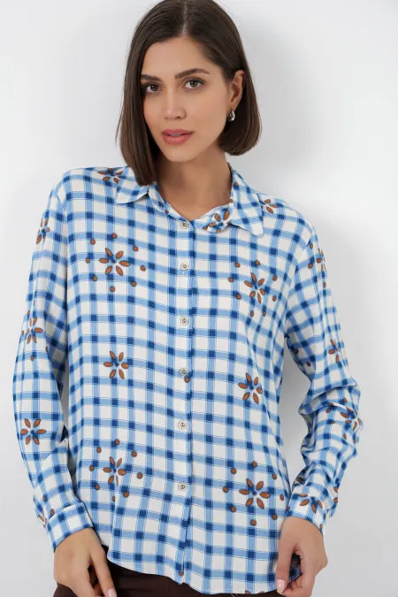 Chemise oversize à motifs pour femme en viscose 20371 - Bleue