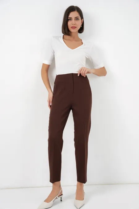 Pantalon en tissu taille haute 6650 - Marron