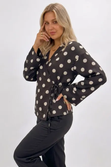 Women's Wrap Polka Dot Blouse 40004 - Brown Women's Wrap Polka Dot Blouse 40004 - Brown