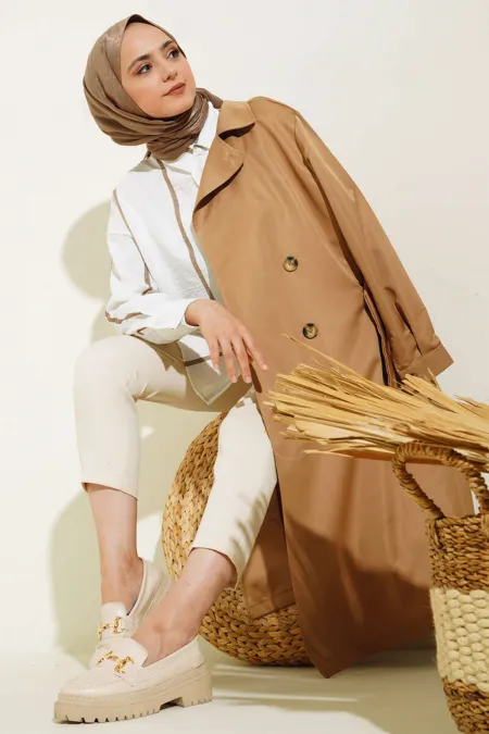 T5853 Double Breasted Hijab Trench Coat - Tan T5853 Double Breasted Hijab Trench Coat - Tan