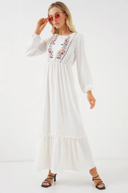 Women's Embroidered Long Hijab Dress 2550 - White